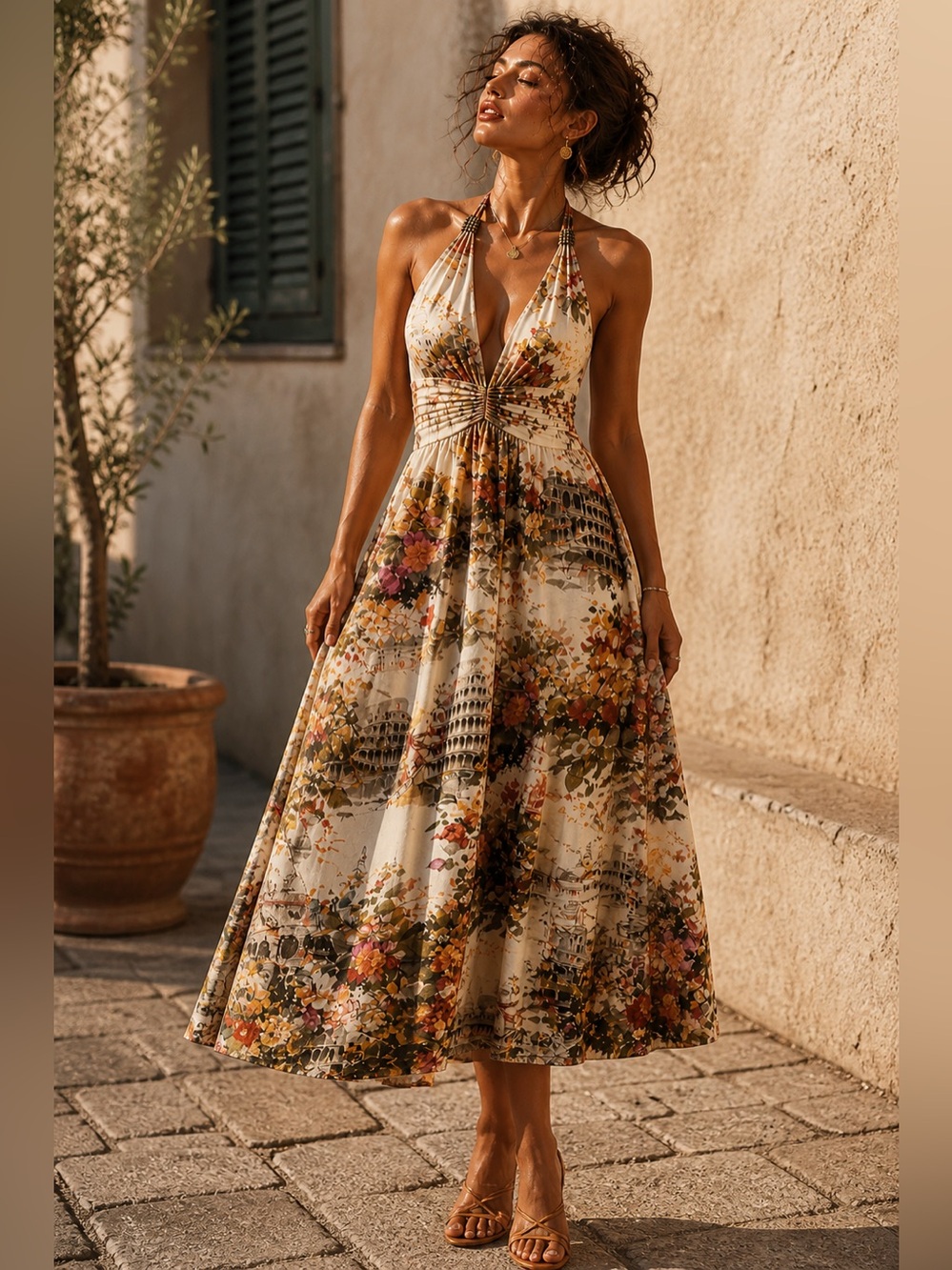 European Postcard Print Halter Midi Dress | Ruched Bust Empire Waist |